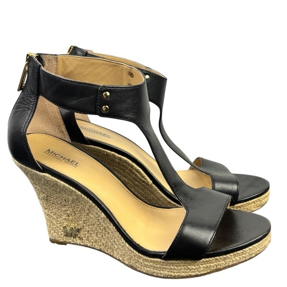 Michael Kors Black T-Strap Women's Wedge Sandals Size 7.5 - Picture 3 of 11